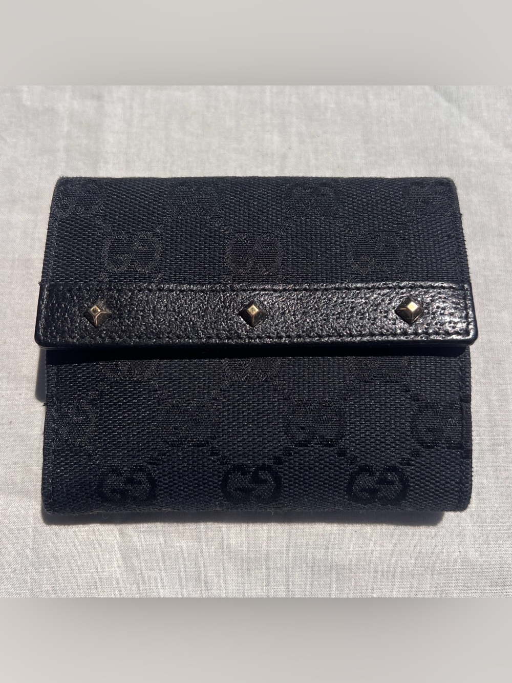 Gucci Black Monogram Canvas Fold Wallet with Gold Studs